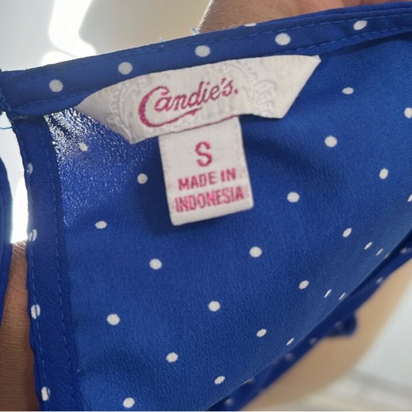 SOLD CANDIE’S Polkadot PinUp Royal Blue White Blouse Sz S - Picture 4 of 4